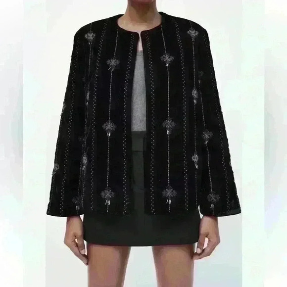 Zara Jackets & Blazers - NWOT ZARA  VELVET EMBROIDERED BEADED BOMBER JACKET SIZE SMALL BLACK